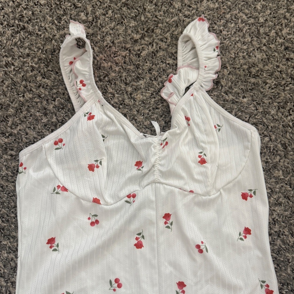 Women Cherry Lace Trim Cami Babydoll Romper Sleepwear Pajama Loungewear M - Picture 3 of 8